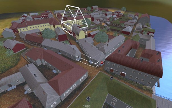 Tidsbilden 1790 visar en av brand förstörd stad och de vita streckade linjerna platsen för Helgeandskyrkan.