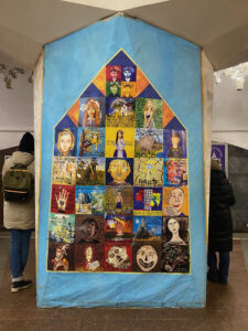 Children's artworks in Kharkiv subway station hall, Kharkiv, 2025.