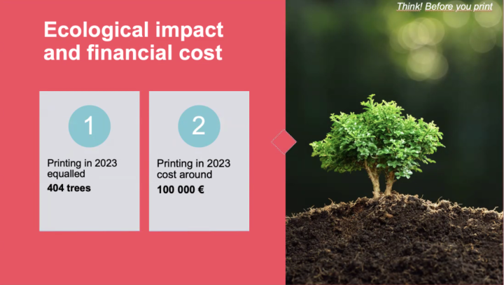 Tulostuskampanjan powerpoint, jossa kerrotaan, että vuoden 2023 tulostusmäärät vastaavat 404 puuta ja 100 000 euroa. 