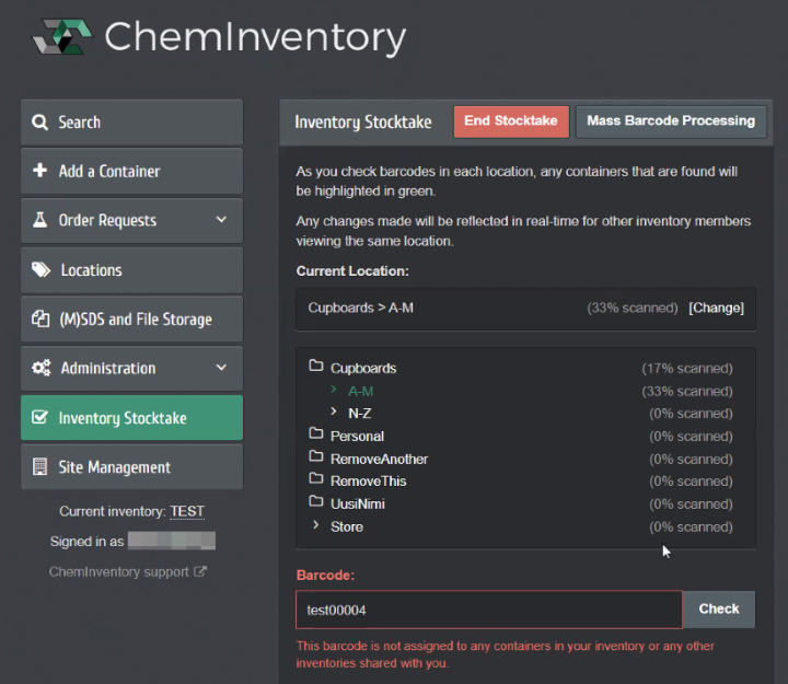 ChemInventory-järjestelmän Inventory Stocktake-välilehti