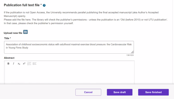 UTUCRIS-tutkimustietojärjestelmästä Publication full text file -osio, jossa voi ladata uuden tiedoston ja antaa sille otsikon ja tiivistelmätekstin. 