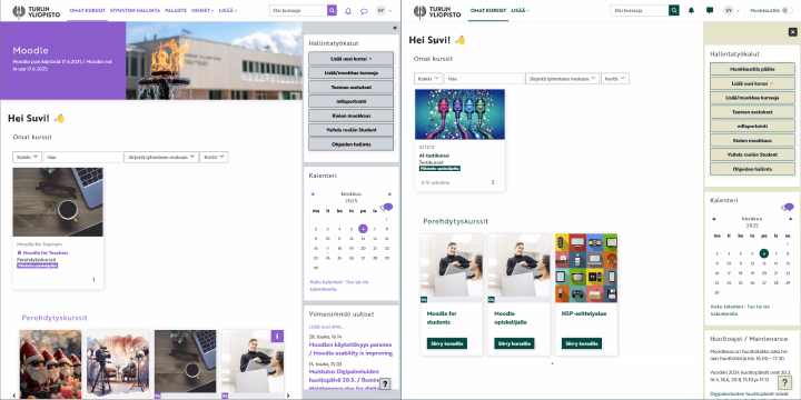 Rinnakkain vanha ja uusi Moodlen ulkoasu. Visuaalinen teema on muuttunut ja lisäksi kuvabanneri on poistunut sivun ylälaidasta. 