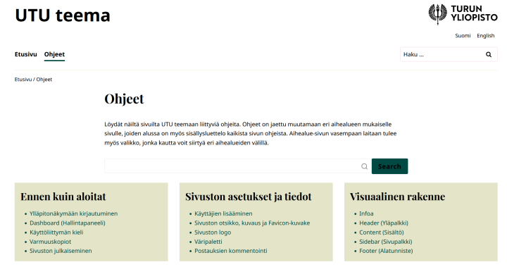 Ohjesivusto, jossa on käytössä yliopiston uusi visuaalinen ilme. Välilehdet Etusivu ja Ohjeet, näkyvillä Ohjeet-sivu, jossa kerrotaan, että sivuilta löytyy UTU-teemaan liittyviä ohjeita. Tämän alapuolella on laatikoita, joissa on linkkejä ohjeisiin seuraavista aihealueista: Ennen kuin aloitat; Sivuston asetukset ja tiedot; Visuaalinen rakenne. 