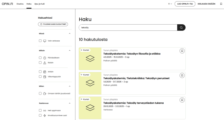 Opin.fi-palvelun hakusivu, jossa on haettu sanalla tekoäly ja rajattu suodattimella tulokset Turun yliopiston kurssitarjontaan. Näkyvissä kolme Tekoälyakatemian järjestämää kurssia. 