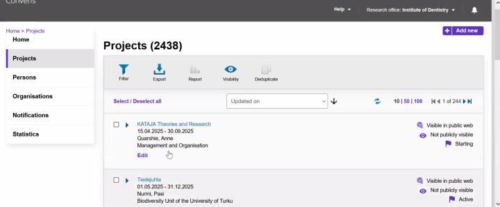 Näkymä UTUCRIS-järjestelmästä, jossa otsikko Projects (2438) ja alla näkyy ensimmäiset projektit listauksessa