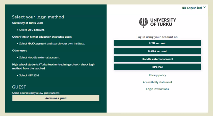 Moodlen kirjautumissivu. Vasemmalla on otsikolla "Select your login method" tarkemmin kerrottu eri kirjautumisvaihtoehdoista ja oikealla on napit, jotka johtavat eri kirjautumisvaihtoehtoihin. 