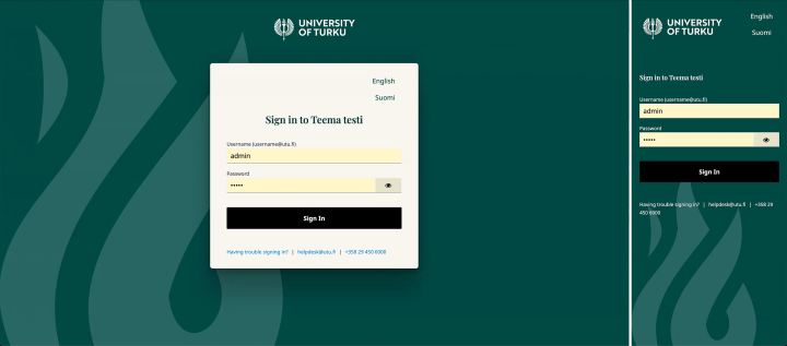 Yliopiston uuden teeman mukainen kirjautumissivu. Taustalla vihreää, jossa on hieman vaaleammalla vihreällä yliopiston soihtu. Oikealla mobiilikokoon skaalattu kirjautumisikkuna.