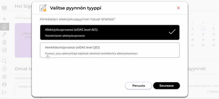 UTUsignissa popup-ikkuna, jossa otsikko "Valitse pyynnön tyyppi" ja alla teksti: "Minkälaisen pyynnön haluat lähettää". Alla nappeina valinnat: allekirjoitusprosessi ja henkilökorttiprosessi.