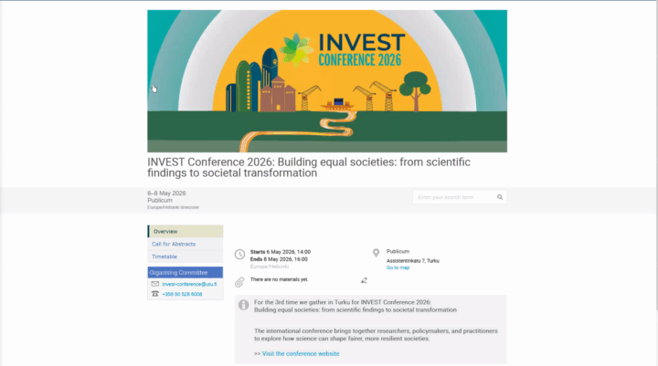 Tapahtumahallintajärjestelmän sivu, jossa näkyy Invest Conference 2026 -tapahtumasivu. 
