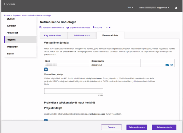 Kuvakaappaus UTUCris-järjestelmän Projektit-sivun näkymästä. 