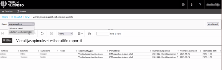 Vierailijatunnusraportti, jonka otsikko on Vierailijasopimukset, esihenkilön raportti. Alla Rajaus-alasvetovalikko, josta voi valita voimassa olevat tai äskettäin päättyneet (2 kk). Alla listaus tunnuksista, jossa tiedot Tunnus, Etunimi, Sukunimi, Rooli, Sopimustyyppi, Perustelut, Kustannuspaikka, Voimassa alkaen ja Voimassa asti.