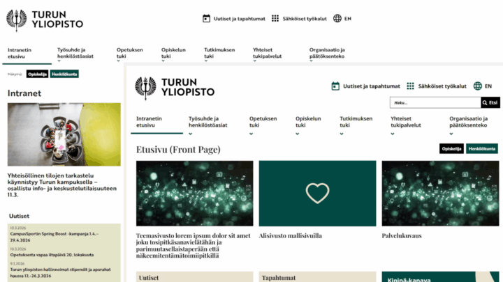 Limittäin kuvat nykyisestä ja uudesta intrasta. Näkyvimpinä eroina fontit ovat hieman erilaisia, yläpalkin Näkymä: Opiskelija/Henkilökunta-valinta on siirretty oikeaan reunaan ja Näkymä-otsikko jätetty pois. Lisäksi Uutiset- ja Tapahtumat -otsikot ovat värillisellä alustalla, kun ne aiemmin ovat olleet valkoisella alustalla ja sisältö värillisellä. 