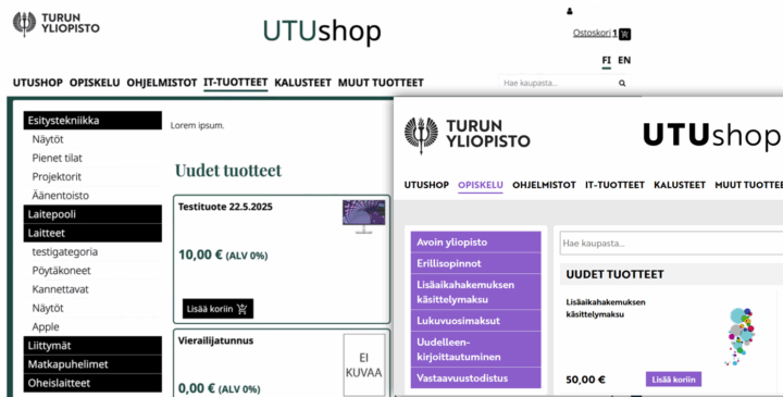 UTUshopin vanha ja uusi ulkoasu rinnakkain. Värit ja fontit ovat päivittyneet, hakukenttä on siirtynyt yläpalkkiin osio-otsikoiden viereen oikealle, tuotekorteissa hinta on nyt kortin keskellä ja Lisää koriin -nappi sen alla, kun aiemmin ne ovat olleet vierekkäin alalaidassa. 