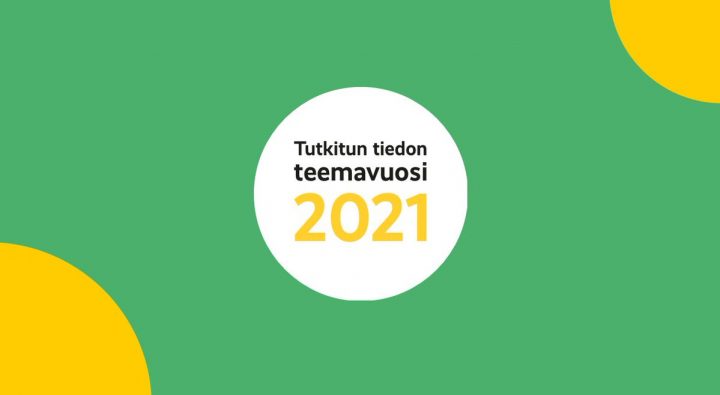 Teemavuoden logo, tekstissä lukee: "Tutkitun tiedon teemavuosi 2021"