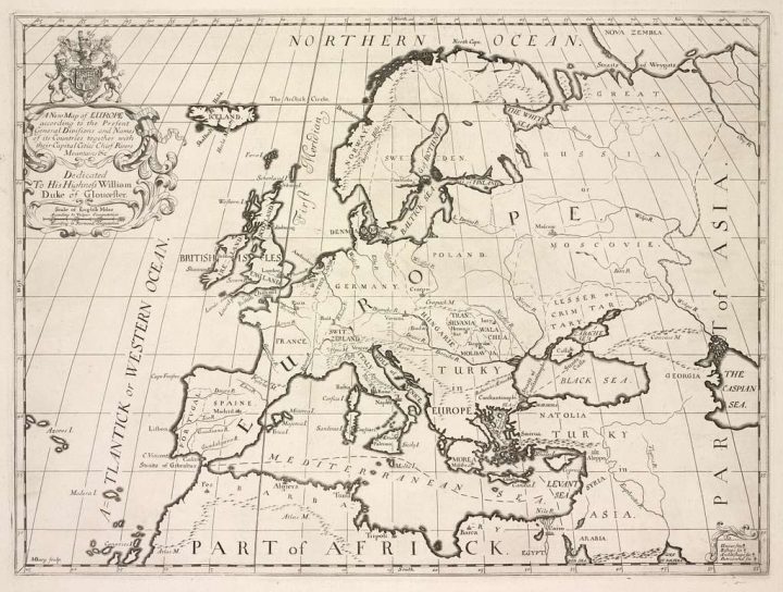 1700-luvun Euroopan kartta ääriviivoilla tehtynä