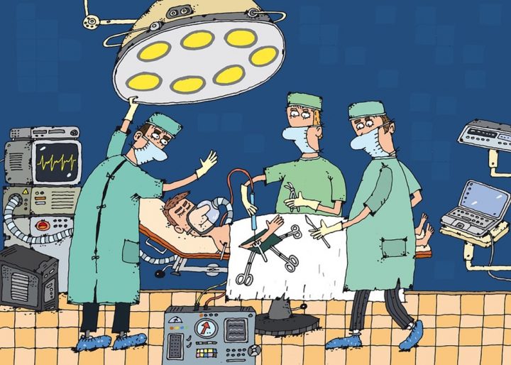 Piirroksessa lääkäreitä leikkaussalissa