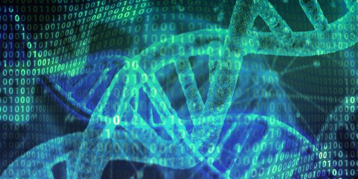 Graafinen kuva, jossa on sinisiä ja vihreitä DNA-ketjuja.