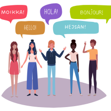 Piirroskuva, jossa on viisi ihmishahmoa ja heidän yllään eri väriset puhekuplat, joissa on tervehdyksiä eri kielillä.