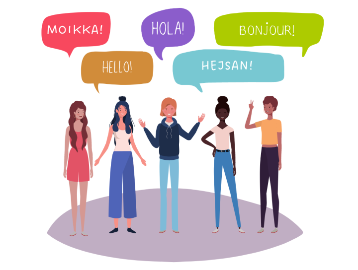 Piirroskuva, jossa on viisi ihmishahmoa ja heidän yllään eri väriset puhekuplat, joissa on tervehdyksiä eri kielillä.