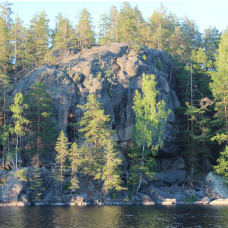 Valokuva kalliosta ja metsästä veden äärellä.