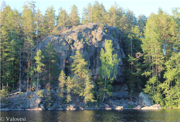 Valokuva kalliosta ja metsästä veden äärellä.