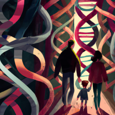 Piiroskuva perheestä, joka kävelee DNA-rihmojen keskellä.
