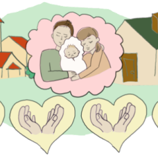 Graphic image of parents with a baby between two houses and hands in hearts below them.