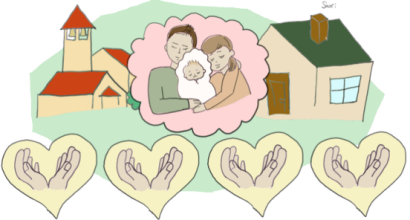 Graphic image of parents with a baby between two houses and hands in hearts below them.