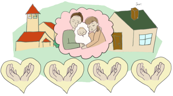 Graphic image of parents with a baby between two houses and hands in hearts below them.