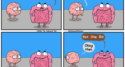 Comic strip of brain and gut talking and gut expressing that they don't like something, but unable to say why.