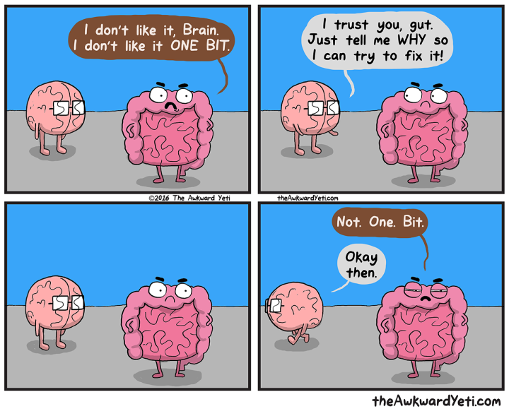 Comic strip of brain and gut talking and gut expressing that they don't like something, but unable to say why.