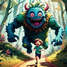 Piirroskuva, jossa iloinen hirviö jahtaa lasta.