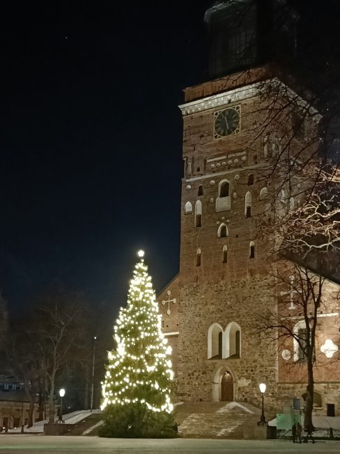 A nighttime view of the Christmas tree in front of Turku Cathedral