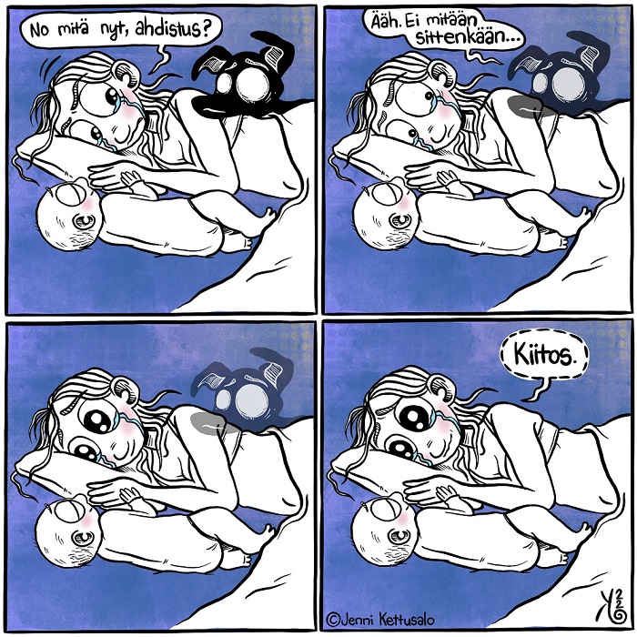 Sarjakuva, joka käsittelee lapsiperheen äidin ahdistusta.