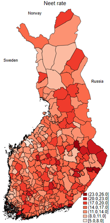 Suomen kartta, jos NEET-tiheys kunnittain