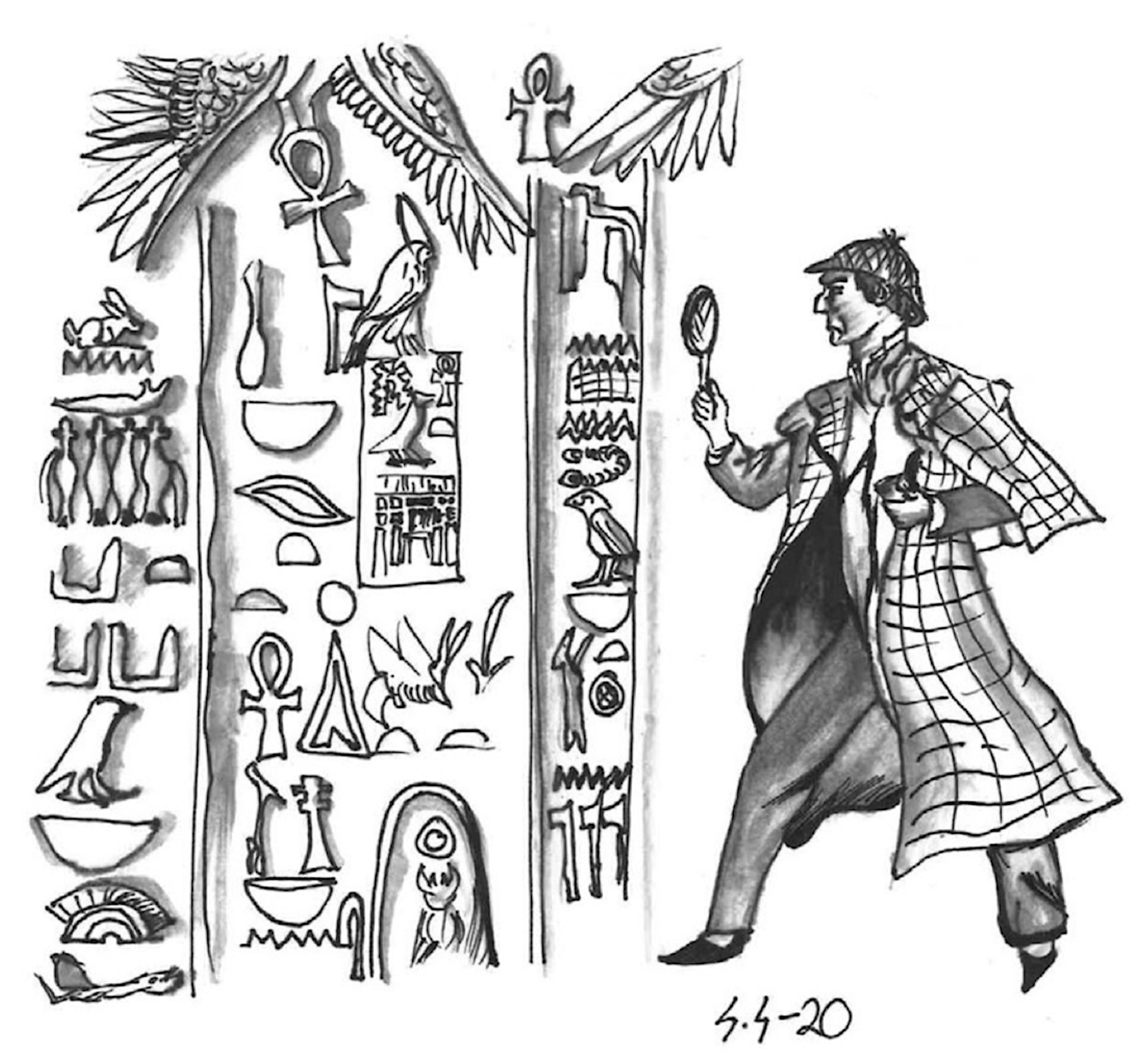 Scherlok Holmesin oloinen henkilö tutkimassa hieroglyfeja.