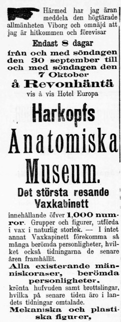 Viipurilaista yleisöä houkutellaan anatomiseen museoon Östra Finland -lehdessä 28.9.1906. 