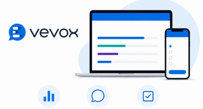Vevox-logo, tietokoneen näyttö sekä erilaiset kuvakkeet eri Vevoxin toiminnoille