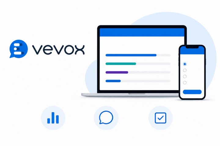 Vevox-logo, tietokoneen näyttö sekä erilaiset kuvakkeet eri Vevoxin toiminnoille