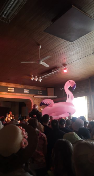 Juhlien esiintyjä, yleisön seassa myös flamingo-uimalelu.