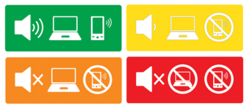 Kuva kirjaston hiljaisuusalueista: vihreä, keltainen, oranssi ja punainen, joissa sallitaan eri määrä melua ja elektronisia laitteita.