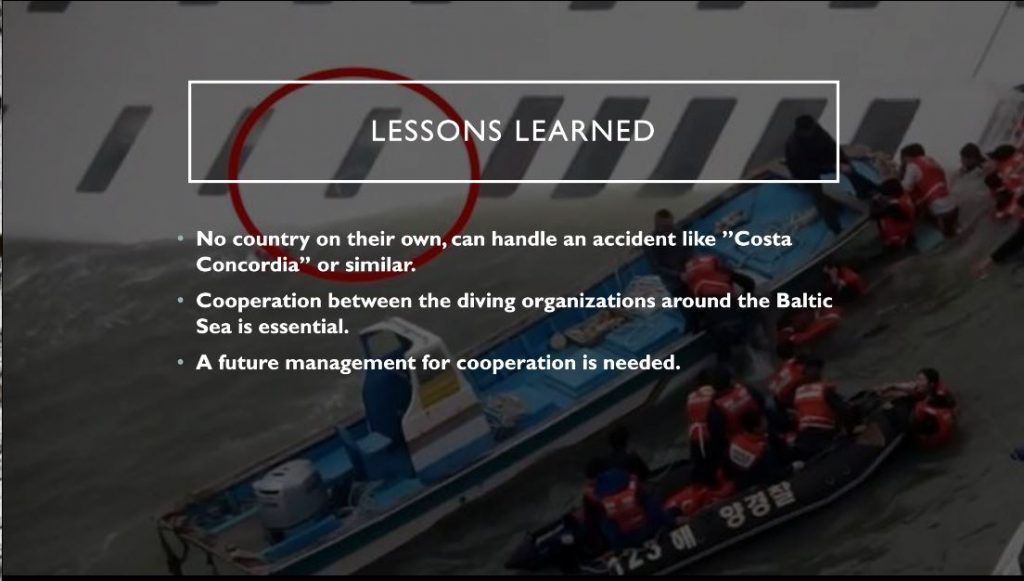 A slide telling what is known on the challenges related to rescue operations. On the background, a photo of a rescue operation of a tilted ship.