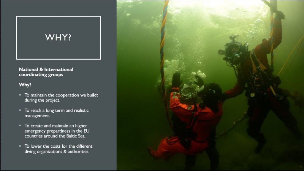 Two persons underwater in diving suits and a list of benefits from an international coordination group for emergency preparedness.