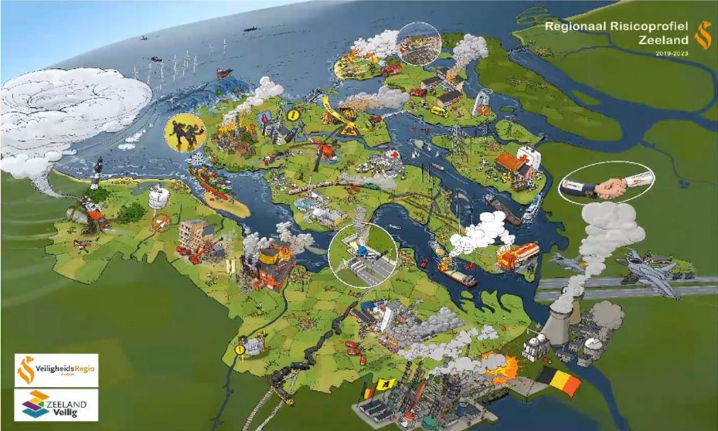 Risk areas spotted on a drawn map of the Region Zeeland of The Netherlands.