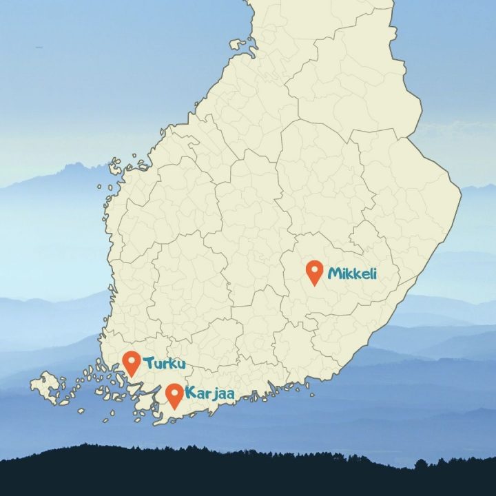 Part of the map of Finland. It shows  the location of three different student cities where author of the blog studied: Mikkeli, Karjaa, and Turku.