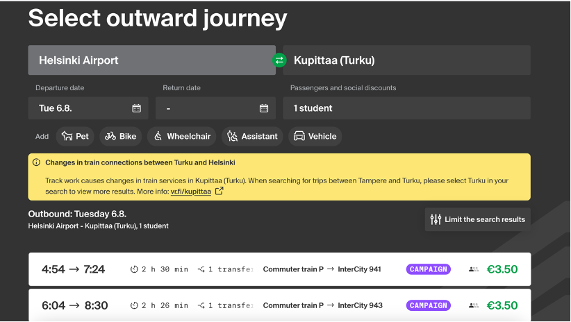 VR train to Turku example prices