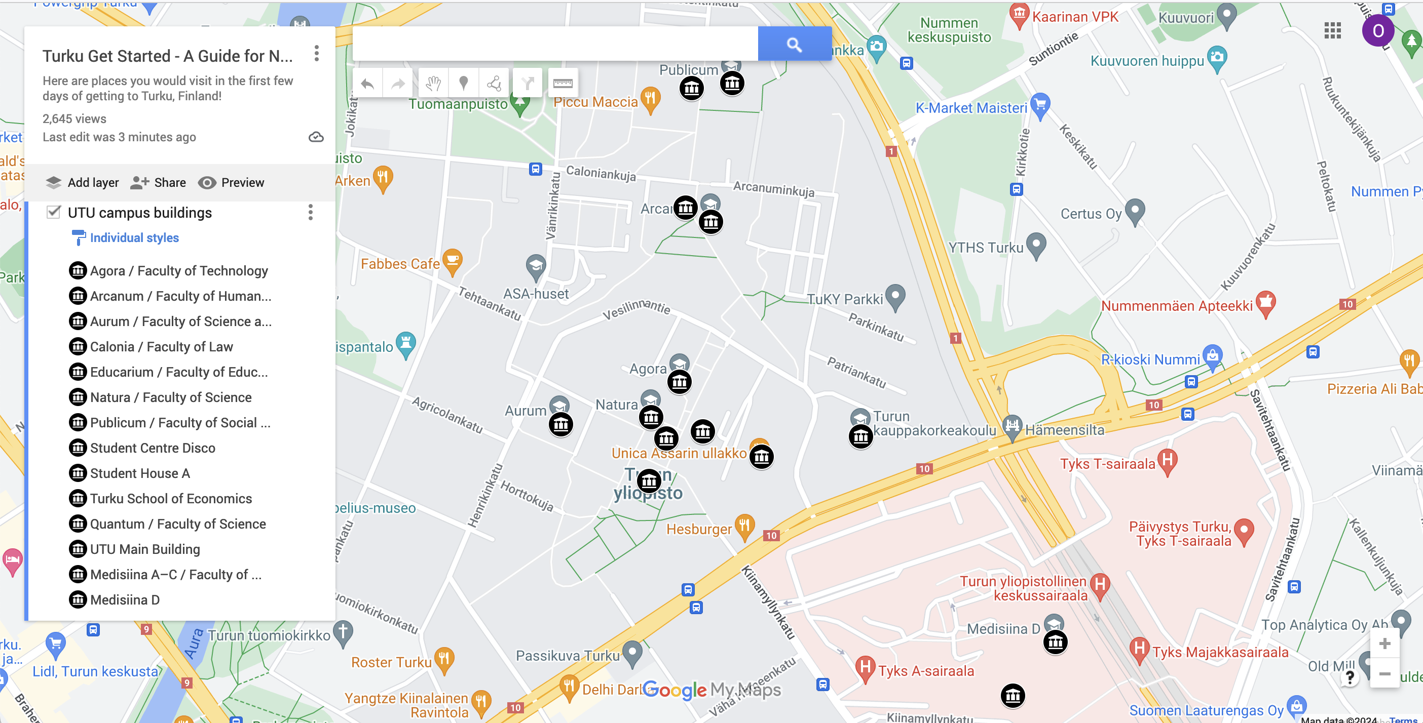 Google map with UTU main campus buildings