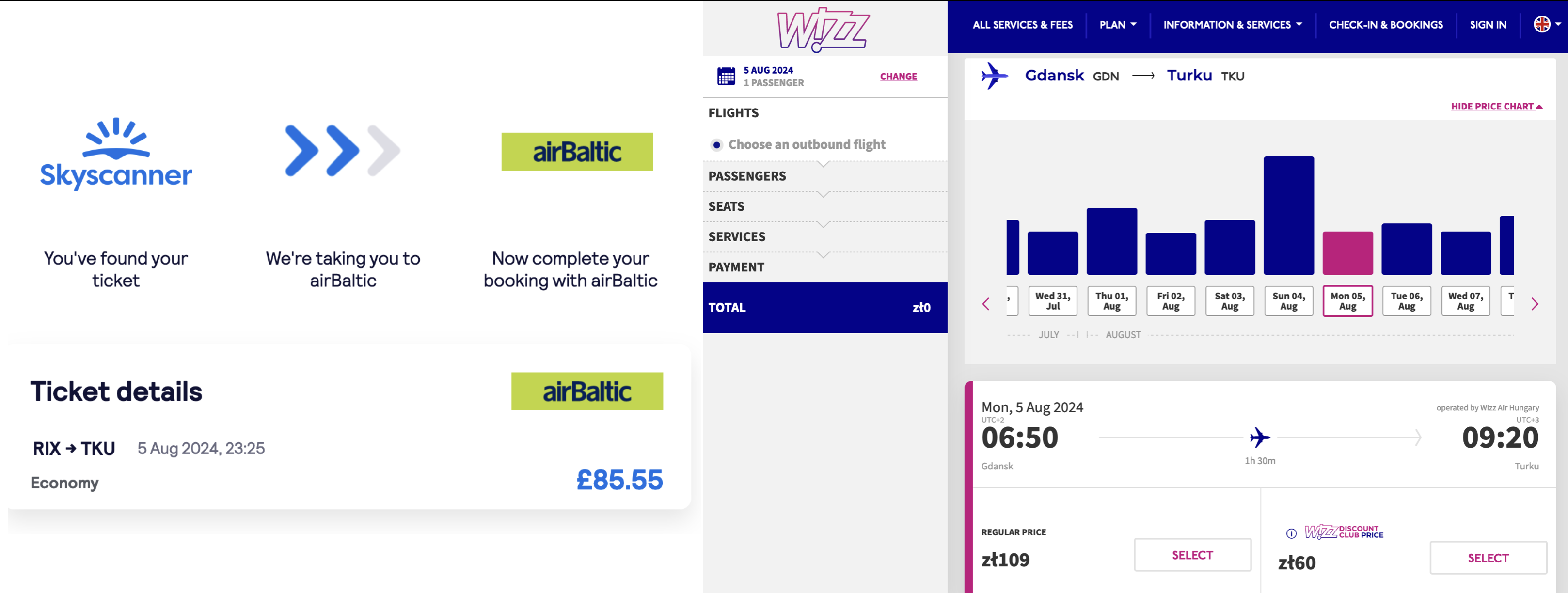 Screenshots with example flight prices, showing different ways to get to Turku