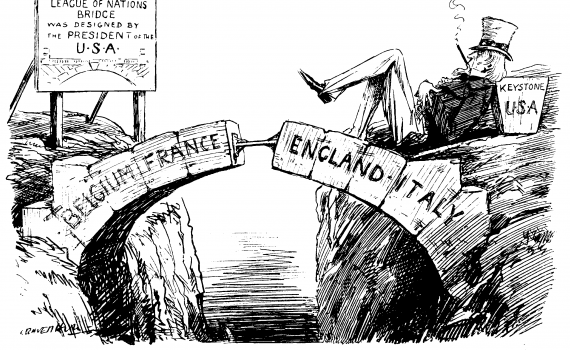 Kansainliiton heikkoutta esittävä karikatyyri englantilaisessa Punch-lehdessä, 1919. Vaikka Kansainliitto oli Woodrow Wilsonin kuningasajatus, Yhdysvallat eivät liittyneet Kansainliittoon, koska senaatti ei ratifioinut rauhansopimusta. Kuva: Wikimedia Commons.