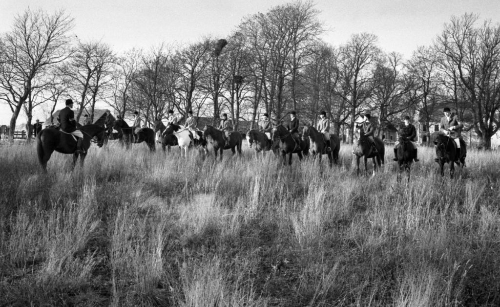 Ratsastajat istuvat ratsujensa selässä ja ovat kokoontuneet korkeaa heinää kasvavalle niitylle riviin. Yksi ratsukko antaa muille ohjeita. Taustalla on lehdettömiä puita.